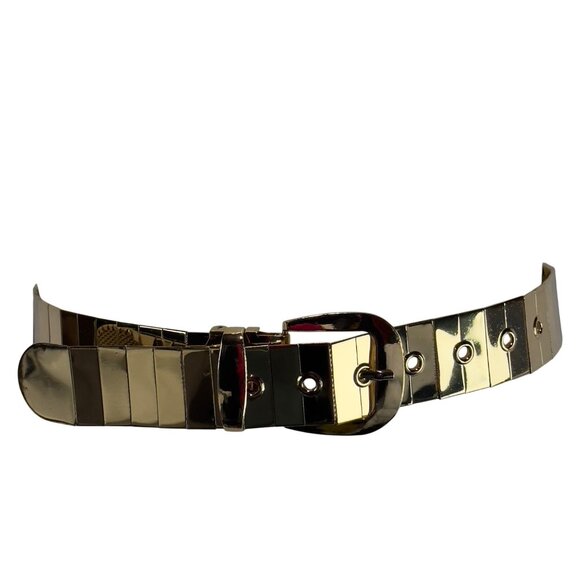 Women's Gold Metallic Adjustable Belt Modern Rectangular Design Polished Buckle - Picture 10 of 12